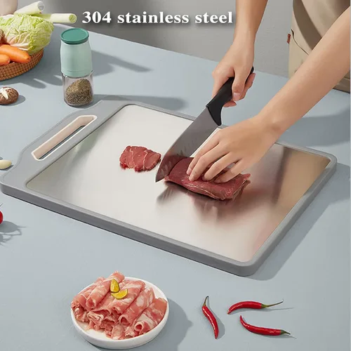 Vista 2 de Tablas de cortar de acero inoxidable para cocina, tabla de cortar de doble cara con mango, tabla de cortar inoxidable y tabla de cortar de paja