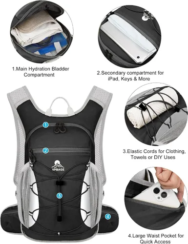Vista 3 de Mochila de hidratación con bolsa de agua de 2 litros. Mochila ligera de 15 litros con bolsillos para cinturón de cadera del tamaño del teléfono