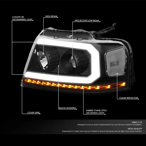 Vista 2 de DNA MOTORING HL-HPL-F15004-BK-CL1 - Faros delanteros negros de repuesto para 04-08 F-150 06-08 Mark LT secuencial persecución ámbar LED señal de giro