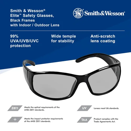 Vista 9 de Smith & Wesson Gafas de seguridad Elite (21306), lentes para interiores y exteriores, montura negra, unisex para hombres y mujeres (12 unidades)