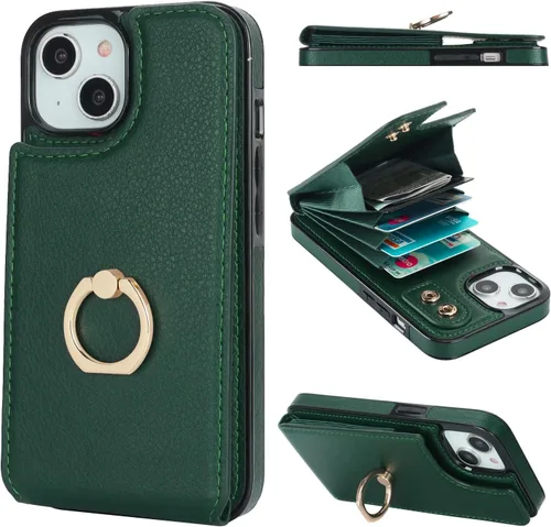 Vista 44 de Folosu Funda tipo billetera compatible con iPhone 14 con soporte para tarjetas, soporte de anillo para dedo con rotación de 360° y función atril