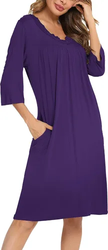 Vista 2 de YYA Nightgowns for Women 34 Sleeve Sleepwear Lace Comfy Sleep Gowns Pleated V Neck Plus Size Nightshirt S-4XL