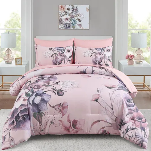 Vista 17 de Luxudecor Juego de edredón floral tamaño individual de 7 piezas, cama de flores aguamarina en una bolsa, elegante edredón floral degradado con juego