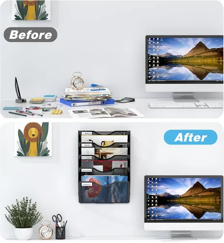 Vista 4 de Soporte para archivos para colgar en la pared, organizador de papel para colgar en la pared, 5 bolsillos, estante de almacenamiento, color negro