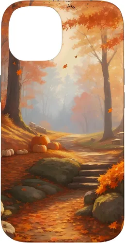 Vista 4 de iPhone 13 Pro Max Idílica escena del bosque de otoño, hojas de otoño, funda de calabazas