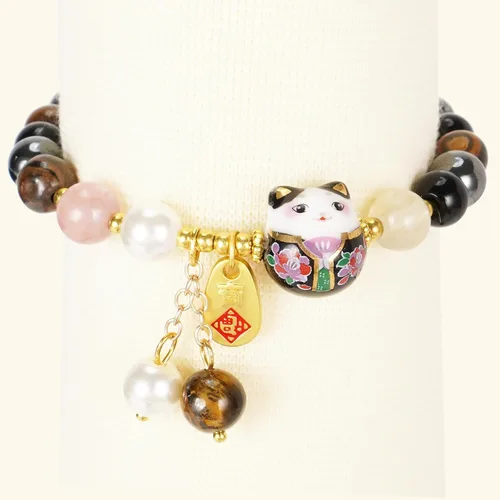 Vista 6 de Pulsera de gato de la suerte Feng Shui, joyería de buena suerte para mujer, protección de riqueza y fortuna, pulseras de cristal de piedras