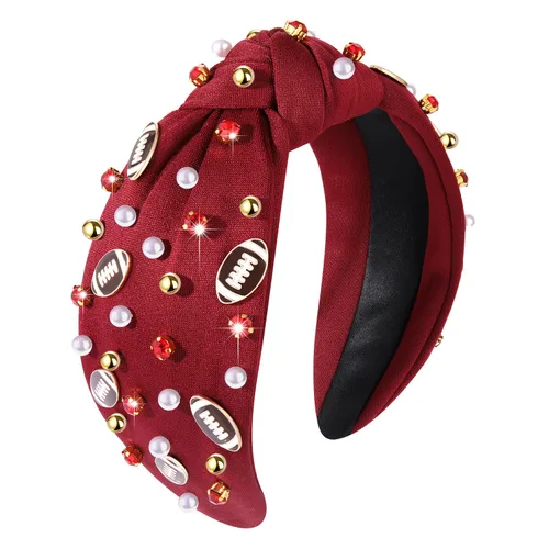 Vista 14 de Diadema de fútbol para mamá, accesorios de perlas con diamantes de imitación anudados, banda ancha para el pelo negra, diadema de nudo superior