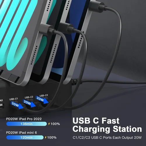 Vista 3 de MSTJRY Estación de carga rápida USB C de 90 W y 6 puertos para múltiples dispositivos, estación de carga PD múltiple para iPhone, iPad, tableta