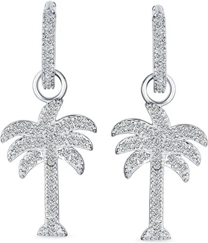 Vista 2 de Hawaiian Nautical Pave Cubic Zirconia CZ Tropical Beach Vacation Palm Tree Earrings Necklace Pendant Anklet For Women Yellow 14K Gold Plated .925