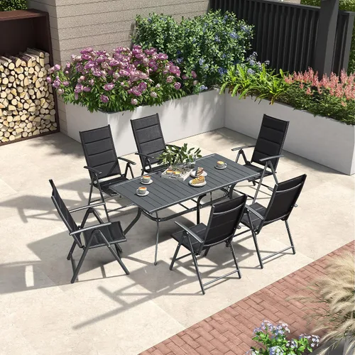 Vista 8 de PURPLE LEAF Juego de comedor al aire libre para 6 mesas plegables de patio con mesa rectangular de aluminio y sillas acolchadas para todo
