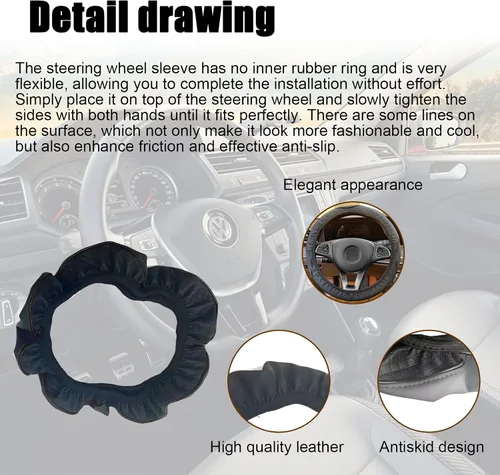 Vista 3 de Funda para volante de automóvil, protector de cuero de 15 pulgadas, elástico, transpirable, antideslizante, funda de cuero de microfibra