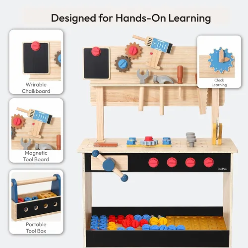 Vista 9 de PairPear - Banco de herramientas de madera para niños, banco de trabajo grande con juego de herramientas con caja de juguetes
