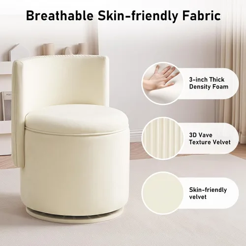 Vista 5 de Furniliving Silla de tocador de terciopelo con almacenamiento, silla giratoria de 360° con respaldo ondulado, moderno taburete de tocador de barril