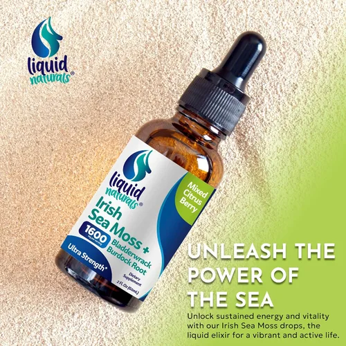 Vista 4 de Irish Sea Moss Drops - Sabor a bayas cítricas, más de 92 minerales esenciales y vitaminas, energía, piel, intestino, recuperación, vejiga y raíz