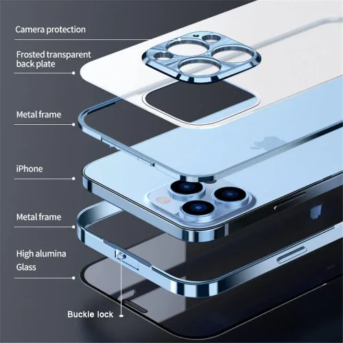 Vista 2 de Funda para iPhone 14 Cubierta de hebilla de doble cara Cubierta de pantalla y cámara Cubierta protectora de parachoques de metal Funda transparente
