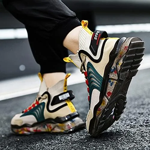 Vista 7 de Zapatos de baloncesto para hombre, zapatillas de deporte altas para correr, senderismo, deportes aéreos, atléticos, caminar, negro, beige, gris