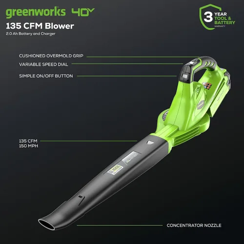Vista 2 de Greenworks Soplador/barredora de hojas de 40 V, 150 MPH / 135 CFM, ligero, silencioso, con batería de 2.0 Ah y cargador, perfecto para el cuidado