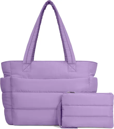 Vista 10 de TOPDesign Bolsa Tote Acolchada para Mujer, Bolso de Mano Ligero Inflado con Compartimentos, Bolsa de Hombro Acolchada para Trabajo, Viajes, Gimnasio