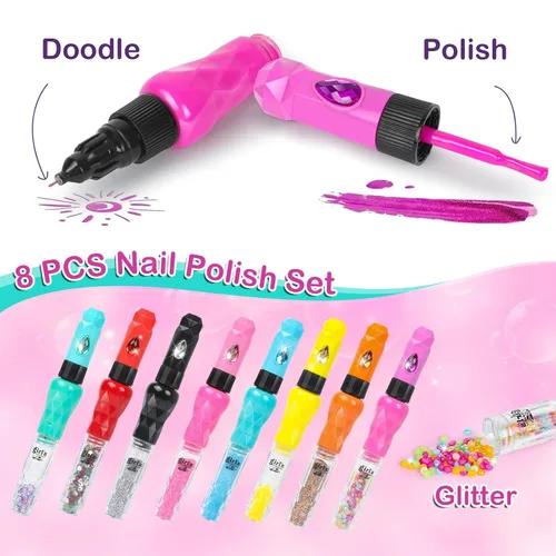 Vista 2 de Juego de 8 bolígrafos de arte de uñas para niños, esmalte de uñas no tóxico y purpurina con punta de garabato, kit de arte de uñas para niñas de 7 a