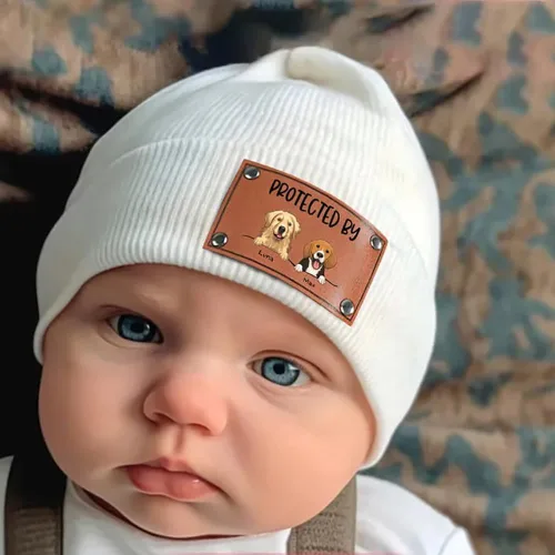 Vista 4 de Gossby Gorro de bebé personalizado con parche de cuero vegano para niño y niña, protegido por - Regalo personalizado para recién nacido, niño