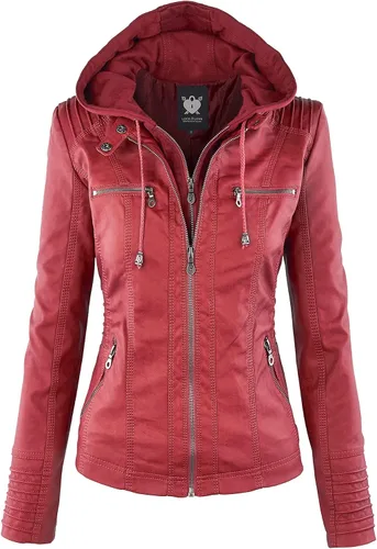 Vista 9 de Lock and Love Chaqueta Abrigo de Moto Motociclista de Piel Sintética para Mujer con Capucha Extraíble o No Extraíble Wjc1044_negro