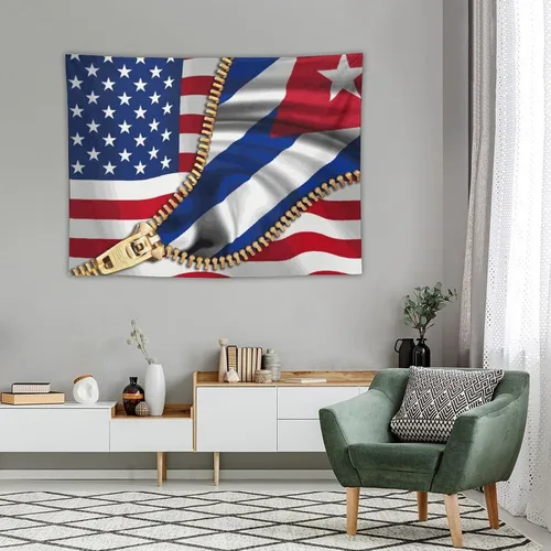 Vista 4 de Tapiz de bandera estadounidense y bandera cubana para dormitorio, tapices negros para colgar en la pared, manta para hombres y mujeres, fiesta