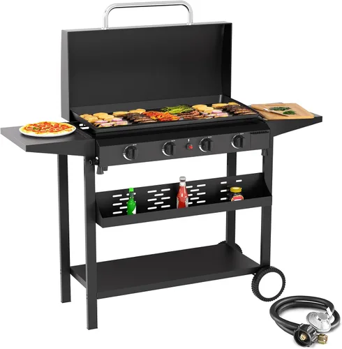 Vista 11 de SKOK Parrilla de gas de 3 quemadores con campana, parrilla de propano para exteriores de 25.6 pulgadas, parrilla de gas portátil con parte superior
