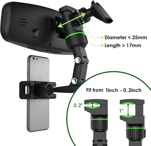Vista 7 de Soporte de teléfono para espejo retrovisor ajustable de 360°, soporte para teléfono celular de automóvil, multifunción, estable, para automóvil