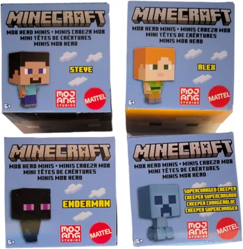 Vista 3 de Mattel Minecraft Mob Head Minis 2022 - Juego de 4 figuras micro de HHP58-956B con Alex, Steve, Enderman y Supercharged Creeper