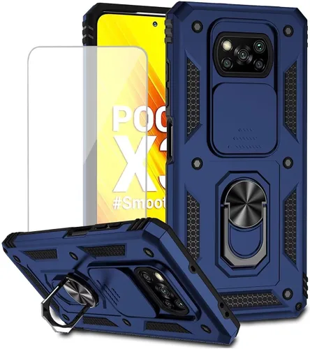 Vista 8 de Funda para Poco X3 NFC/Poco X3Pro/PocoX3 con protector de pantalla de vidrio templado y cubierta de cámara deslizante, anillo magnético Soporte