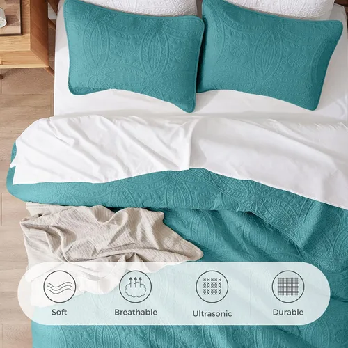 Vista 5 de VEEYOO 3 Pieces Bedspread Oversized Queen - Ultrasonic Embossing Lightweight Quilt Set, Soft Microfiber Reversible Coverlet for All Seasons