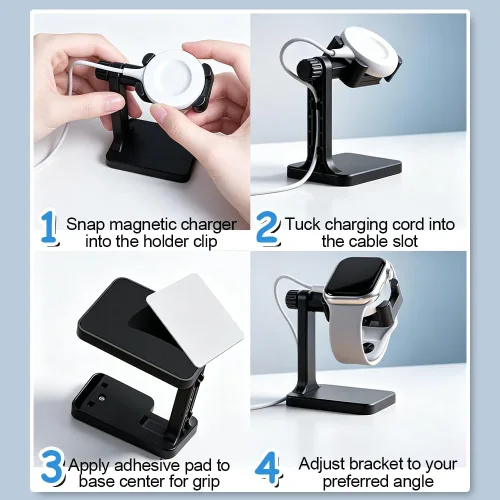 Vista 5 de Soporte de cargador ajustable para reloj inteligente, soporte de carga universal para reloj de escritorio con ranura de almacenamiento para cable