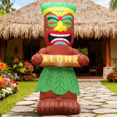Vista 7 de DomKom Inflables Tiki Luau de 7 pies, dos inflables Tiki, hawaiano de verano tropical, decoración de fiesta, decoración de patio gigante, luces LED