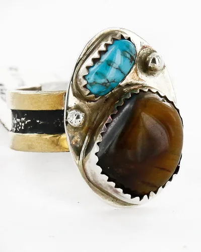 Vista 5 de $500Retail etiqueta 12KT oro Filled Plata Hecho a mano auténtica fabricado por shenan begay Navajo Turquesa y ojo de tigre naturales Nativos