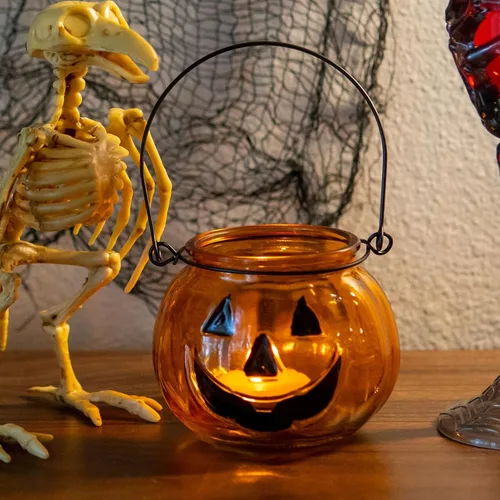 Vista 3 de Juego de 4 portavelas de Halloween, candelabros votivos de SHMILMH con mueca, metal colgante de calabaza Jack O Lanterns, decoración de Halloween