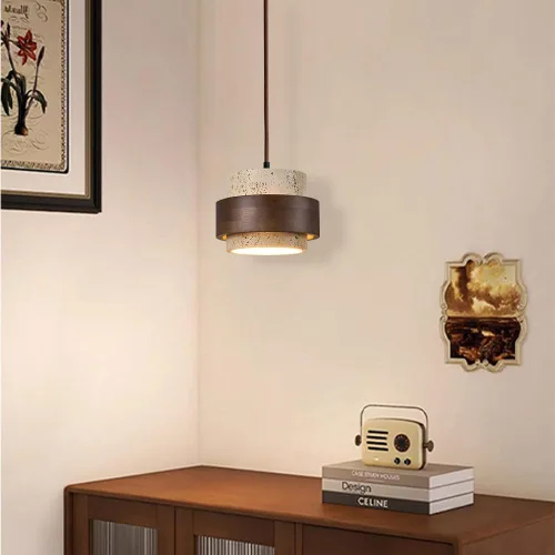 Vista 8 de Wabi-Sabi - Colgante de piedra natural nórdica con diseño de cueva amarilla clara con diseño de piedra de madera, luz vintage de travertino