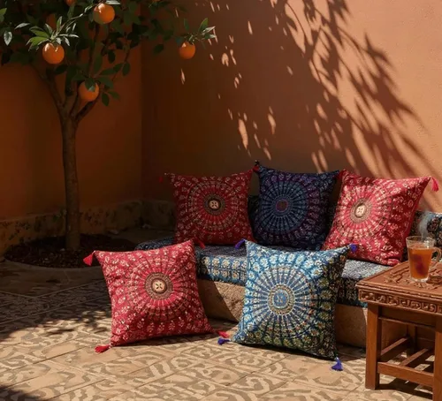 Vista 3 de Juego de 5 fundas de almohadas decorativas bohemias - Cojines decorativos de seda para sofá, sillón y cama - Decoración del hogar de inspiración