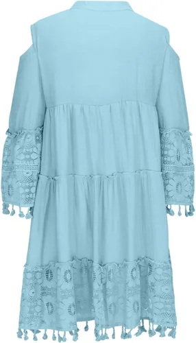 Vista 6 de Vestidos de manga 34 para mujer, vestido de encaje con hombros descubiertos, vestido casual con cuello en V, vestidos de retazos de talla grande