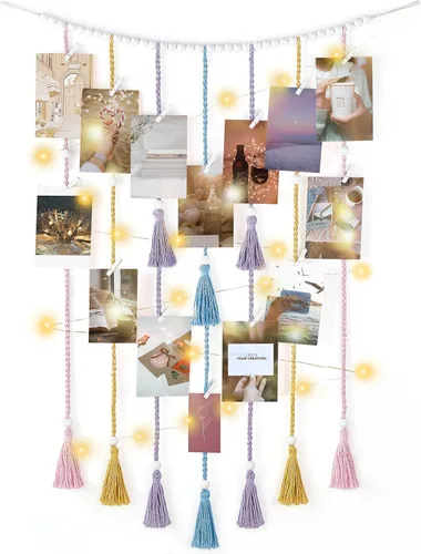Vista 8 de Mkono Decoración de pared colgante de macramé con cadena de luces, habitación bohemia para dormitorio, cuentas de madera, guirnalda para tarjetas