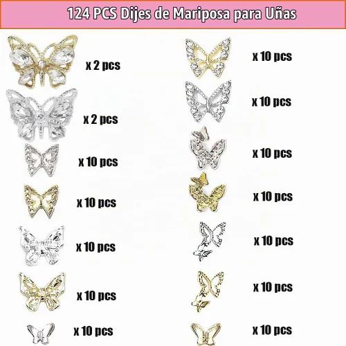 Vista 2 de 124 dijes de mariposa para uñas, oro y plata, dijes de mariposa 3D para diseño de uñas Kits de 124 piezas