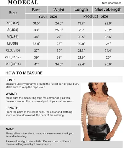 Vista 6 de Modegal Blusa de malla de manga larga transparente con diamantes de imitación de perlas para mujer, una pieza
