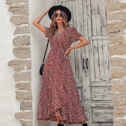 Vista 4 de PRETTYGARDEN - Vestido largo de verano cruzado para mujer, con cuello en V, estilo bohemio, floral, manga corta, dobladillo con volantes
