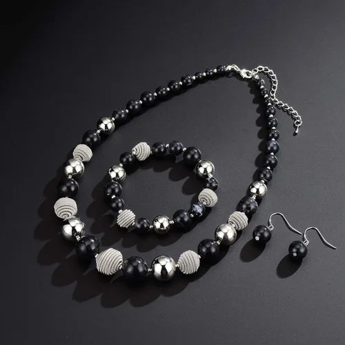 Vista 4 de PEARL&CLUB Juego de collar y aretes gruesos con cuentas de metal plateado, joyería de moda para el día de la madre para mujer, Resina Metal