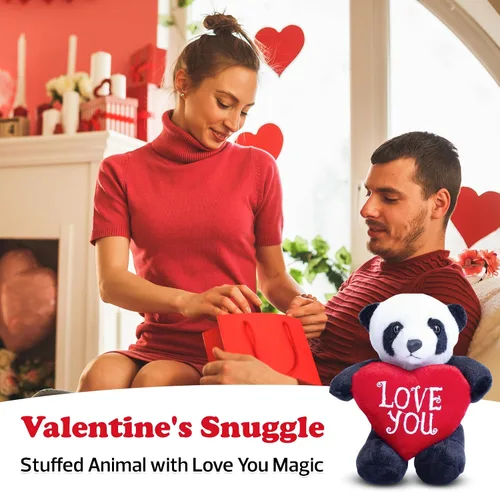 Vista 3 de Adorable animal de peluche de San Valentín de 8 pulgadas con corazón para seres queridos, animal abrazable de primera calidad (Panda con corazón)