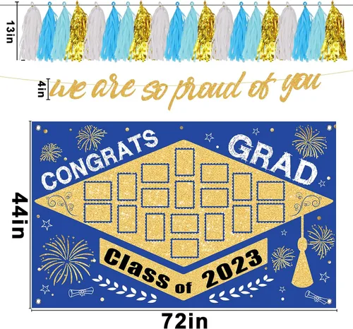 Vista 3 de Decoraciones para fiestas de graduación 2023, juego de 60 piezas: telón de fondo grande para foto, caja de tarjetas de graduación, palos de centro