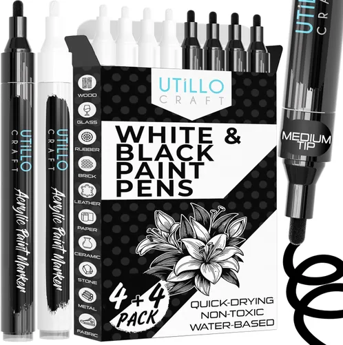 Vista 10 de Utillo Craft Bolígrafo de pintura negra (paquete de 3) marcadores de pintura negra mediana para metal, tela, madera, vidrio, papel, plástico, roca