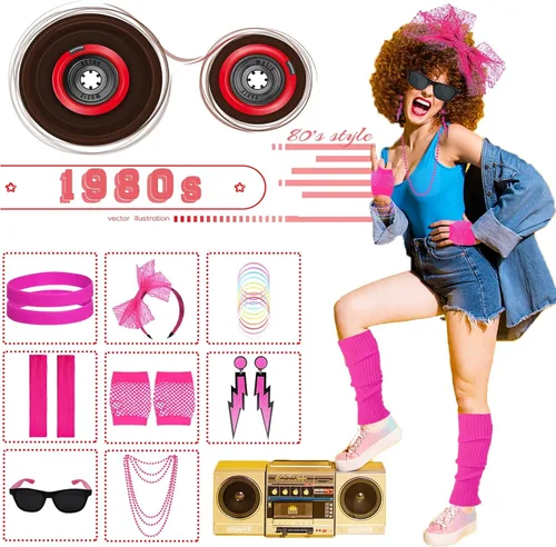 Vista 5 de Accesorios de disfraces de los años 80, vestidos de neón de estilo elegante de los años 80, conjuntos de fiesta y kits para mujeres y niños