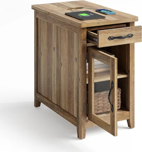Vista 11 de LINSY HOME - Mesa auxiliar con estación de carga, mesa lateral para dormitorio con cajón y soporte desmontable, estante de almacenamiento con puerta