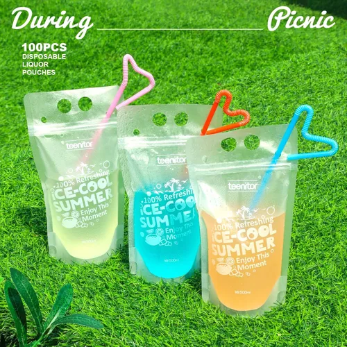 Vista 9 de Teenitor 100 bolsas de bebida con pajitas, bolsas de bebidas para jugos para adultos, bolsas de bebida reutilizables para licuados de jugos, bolsas