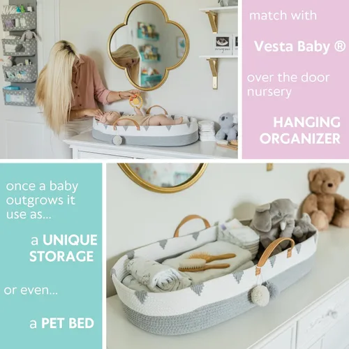Vista 8 de Vesta Baby Cesta cambiadora de moisés de cuerda de algodón tejida, portátil, para cuarto de bebé, con almohadilla de espuma suave y 2 fundas